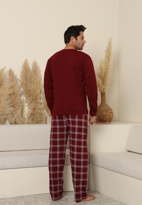 Pijama Barbati ,Maneca si Pantaloni Lungi,Culoare Bordo cu Alb,Engros